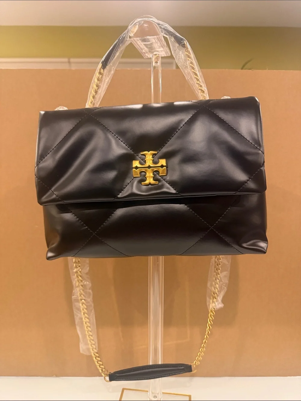 Tory Burch Black Quilted Leather Shoulder Bag with Gold Logo Chain